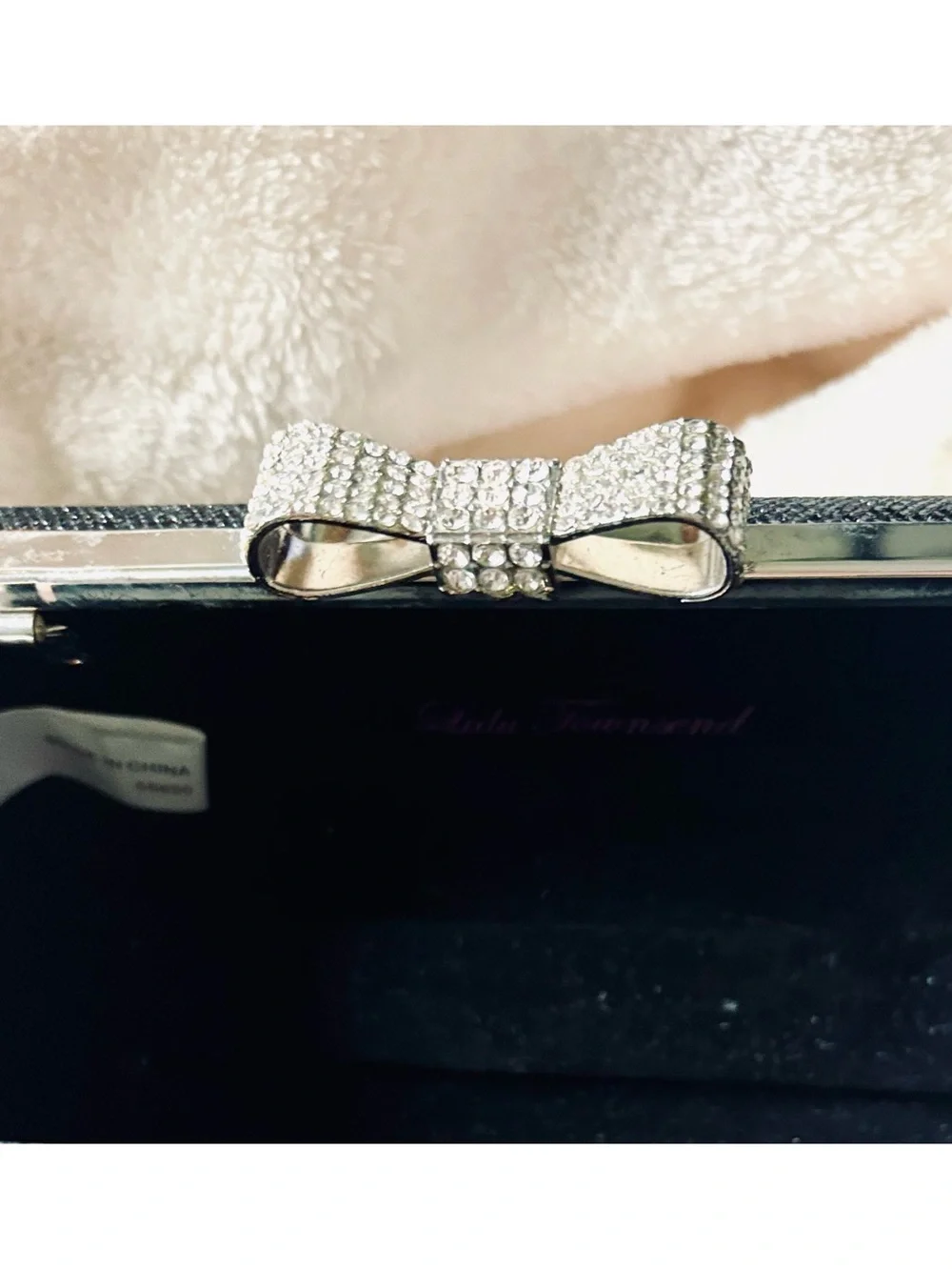 LuLu Townsend Sparkling Black Rhinestone Bow Clutch for Women Silver Chain